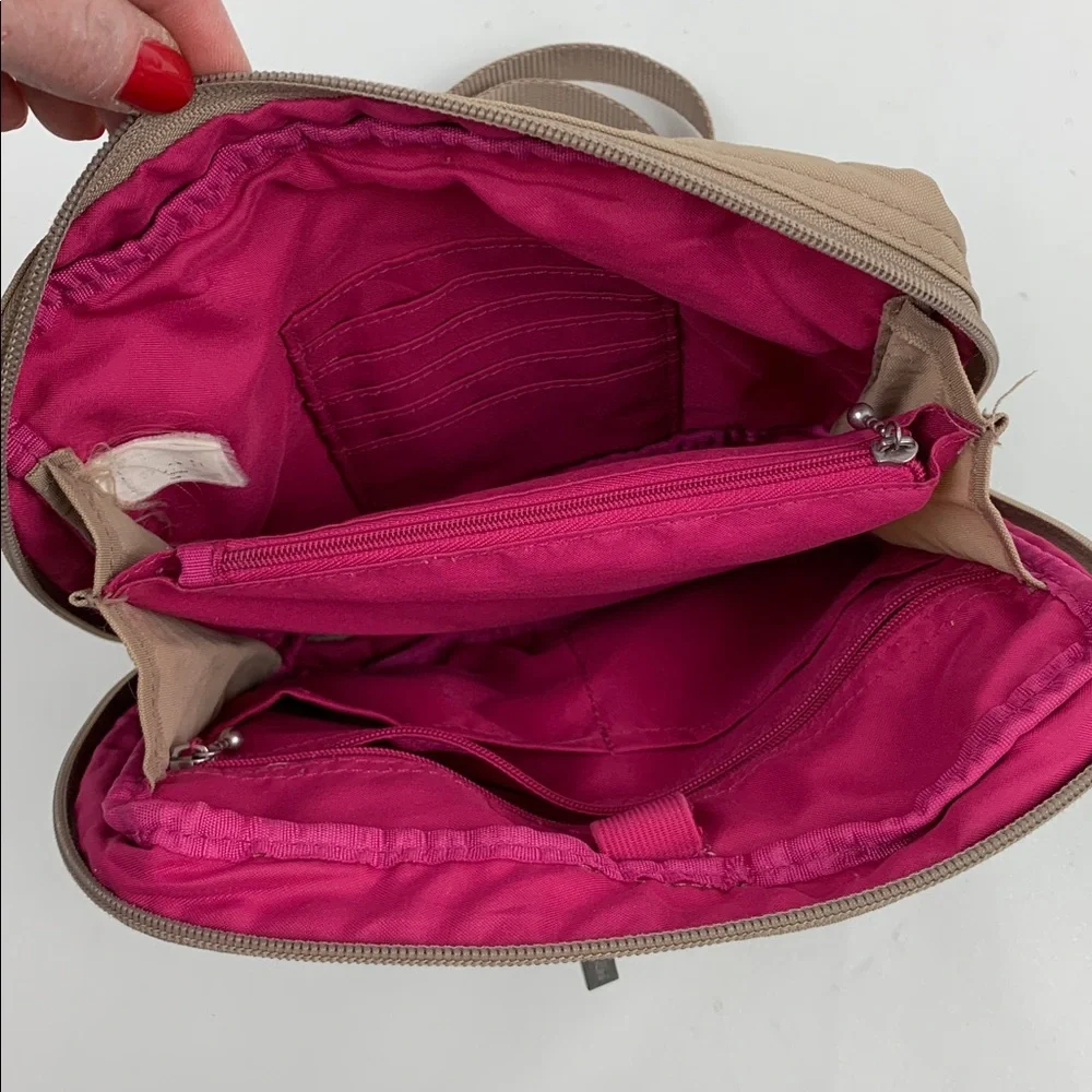 Baggallini Tan Beige Crossbody Messenger Bag Belt bag Pink fuschia lined Zippers